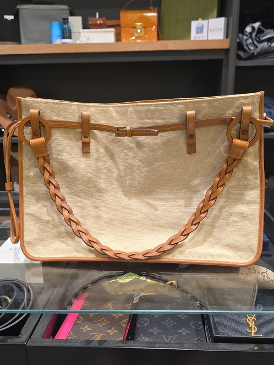 Gucci Handbags - Gucci Cream Canvas Shoulder Bag with Tan Leather Braided Strap